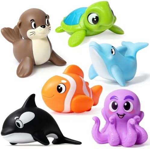 Mold-Free Ocean Bath Toys, 6-Piece No-Hole Soft Squeeze Set for Toddlers 1–3 Years