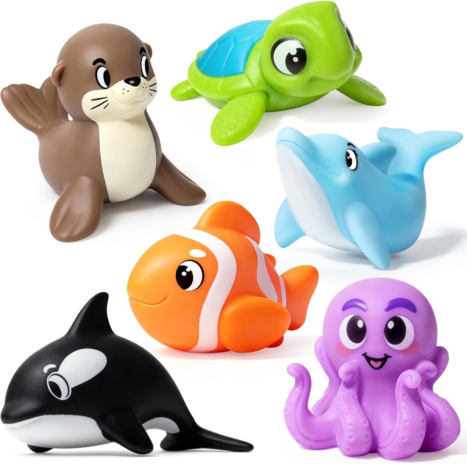 Mold-Free Ocean Bath Toys, 6-Piece No-Hole Soft Squeeze Set for Toddlers 1–3 Years