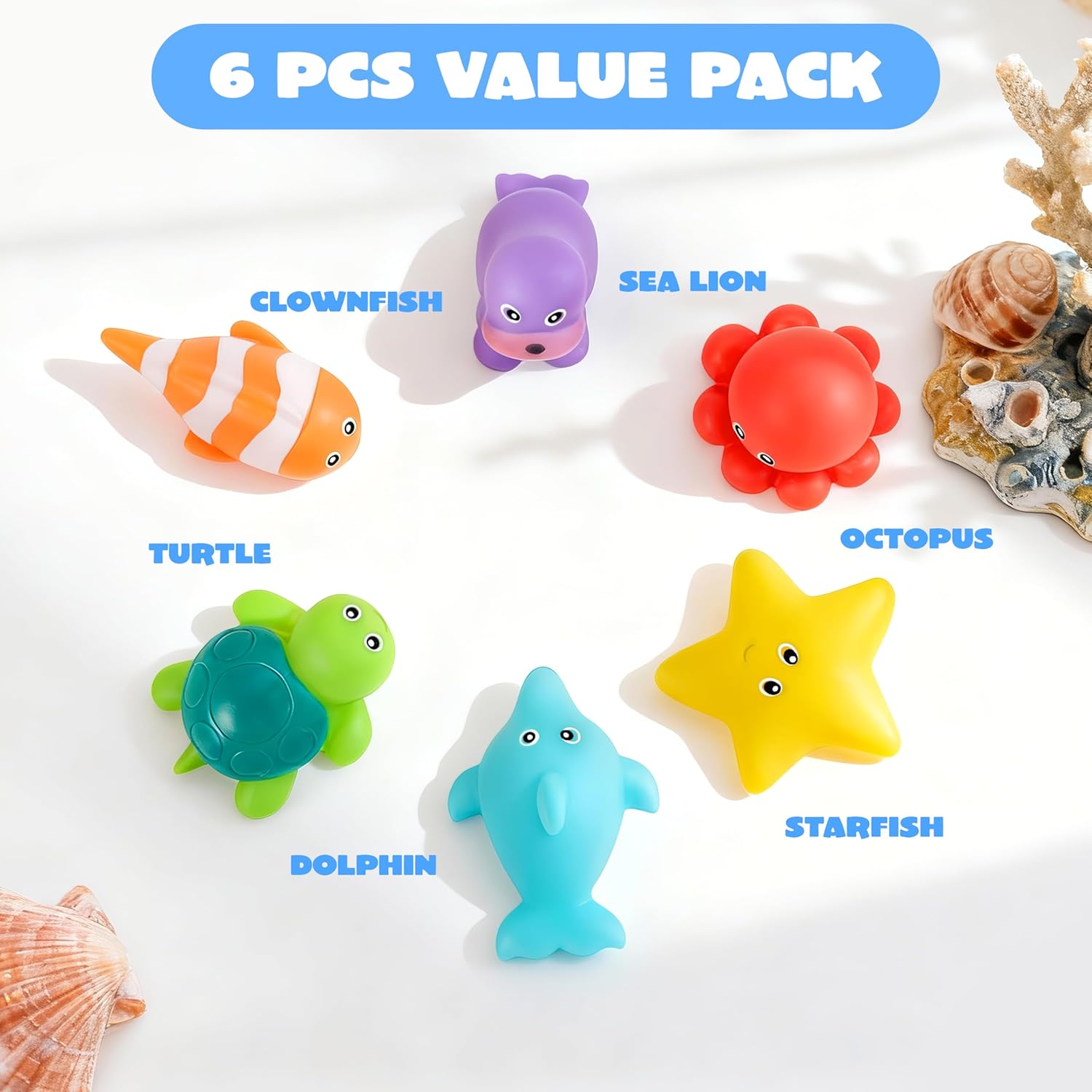 6-Piece Sea Animal Bath Toy Set, Mold-Free, No-Hole, Soft Floating Water Toys